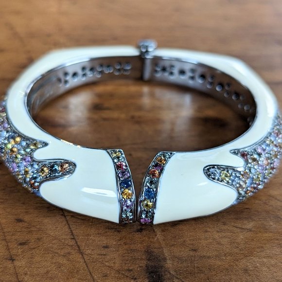 Rina Limor Off White Enamel Bracelet 925 Sterling Silver Clamper Bangle Signed - Picture 1 of 8